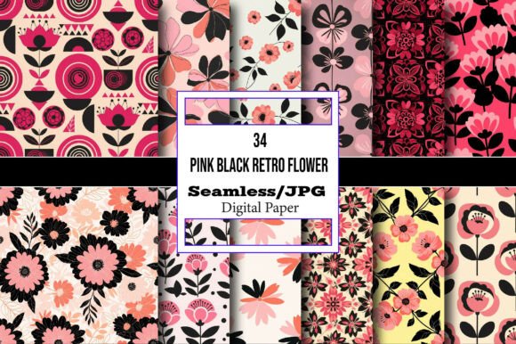 Seamless Pink Black Retro Flower Paper